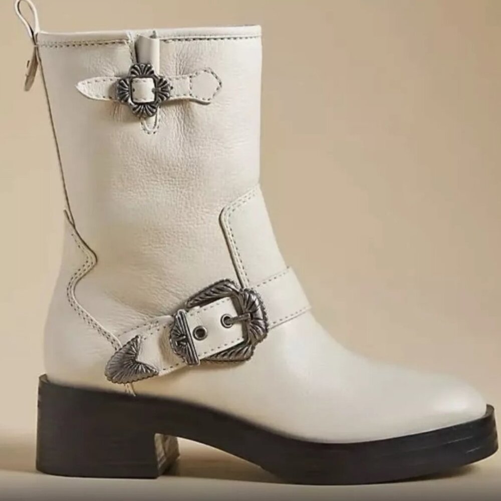 Larroude Lesther Hardy Boot Western Buckle Moto In Natural, Size 8